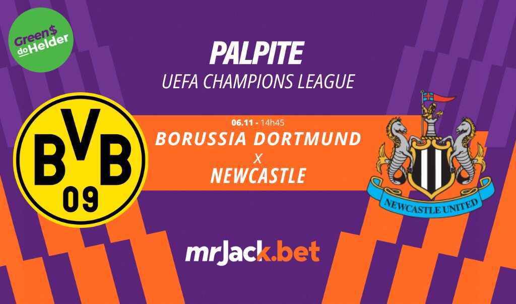 Representação gráfica com as imagens dos escudos de Borussia Dortmund x Newcastle para o jogo da Champions League